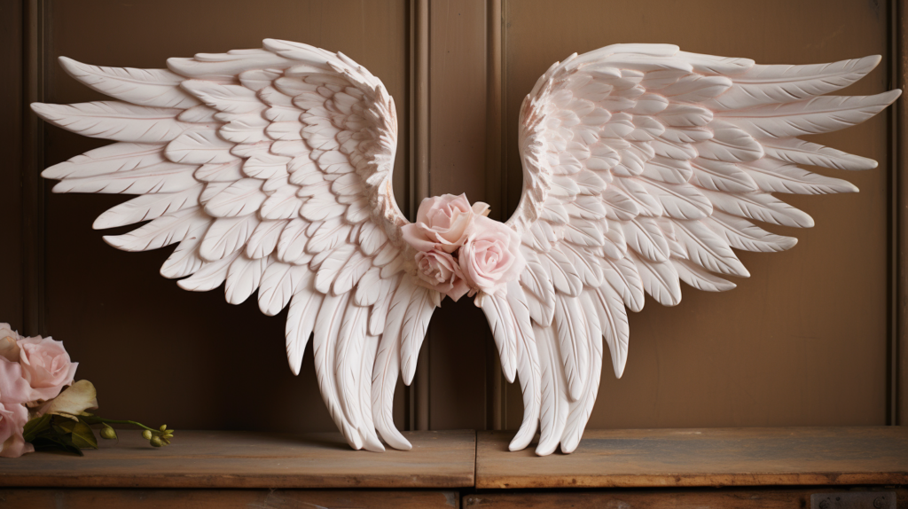 Angel wall accents featuring delicate angel wings, crafted from white ceramic, with intricate details and a glossy finish
