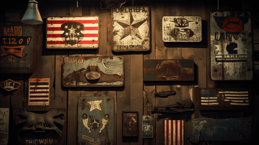 Army-themed metal signs hanging on a rustic wooden wall, showcasing various military symbols, such as dog tags, helmets,