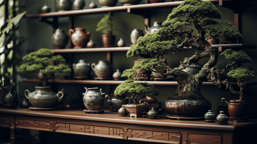 Artificial bonsai trees placed on a traditional wooden shelf, surrounded by Japanese home decorations such as decorative fans. Home Decor Japan.
