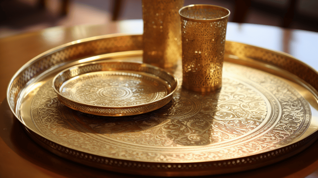 Brass trays, serving platters, and tea trays intricately designed with traditional Indian motifs