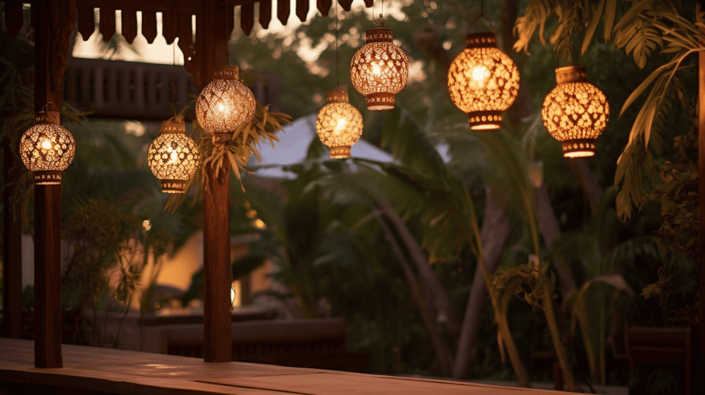 Burlap paper lanterns hanging from a wooden pergola in a cozy backyard, softly illuminating the space with warm, golden light