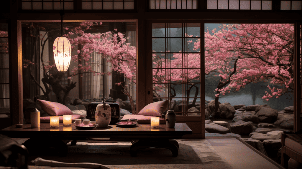 Cherry blossom tree lamps casting a warm glow in a traditional Japanese living room