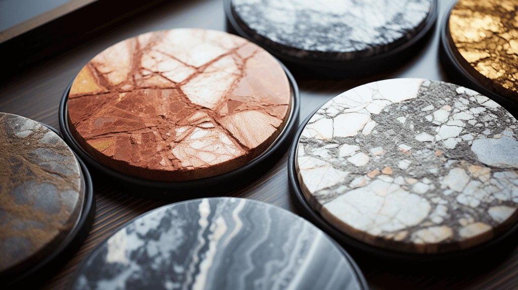 Coasters inspired by Stone Home Decor, featuring a variety of stone textures such as marble, granite, and slate, with intricate patterns
