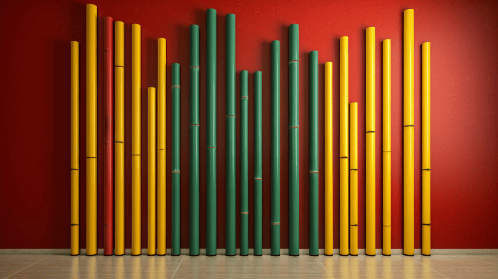 Colored bamboo poles arranged in a symmetrical pattern, varying in height and thickness, creating a vibrant and lively visual display