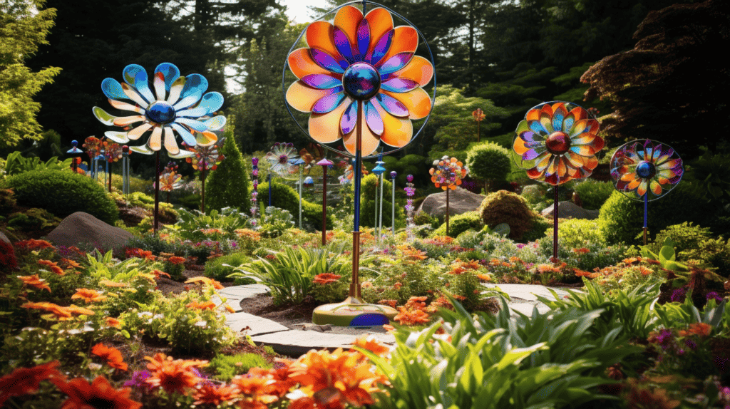 Colorful wind spinners in various sizes and designs, spinning gracefully in a lush garden, creating a mesmerizing visual spectacle. Grateful Dead Home Decor.
