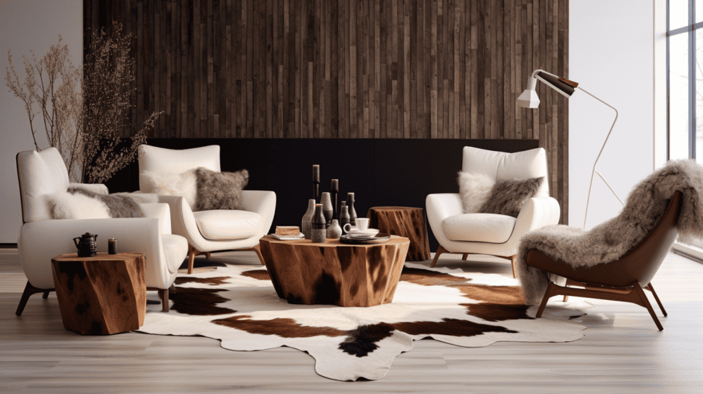 Cowhide Home Decor, a luxurious living room adorned with cowhide furniture and accessories
