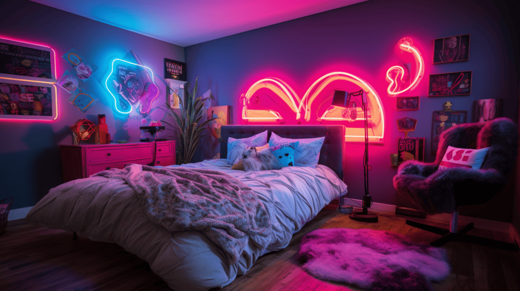 Girly Home Decor. Custom neon signs illuminating a cozy bedroom, vibrant colors and playful designs showcasing the theme of cute and quirky decorative items for girly
