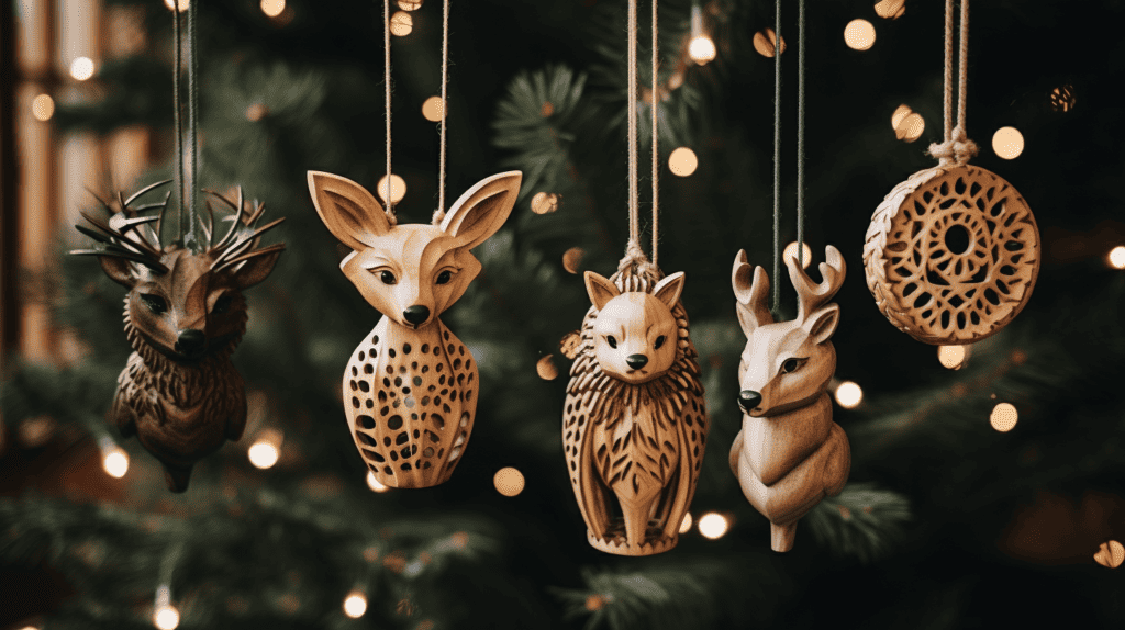 Delicate wooden animal ornaments, intricately carved with lifelike details, hanging from a rustic wooden Christmas tree