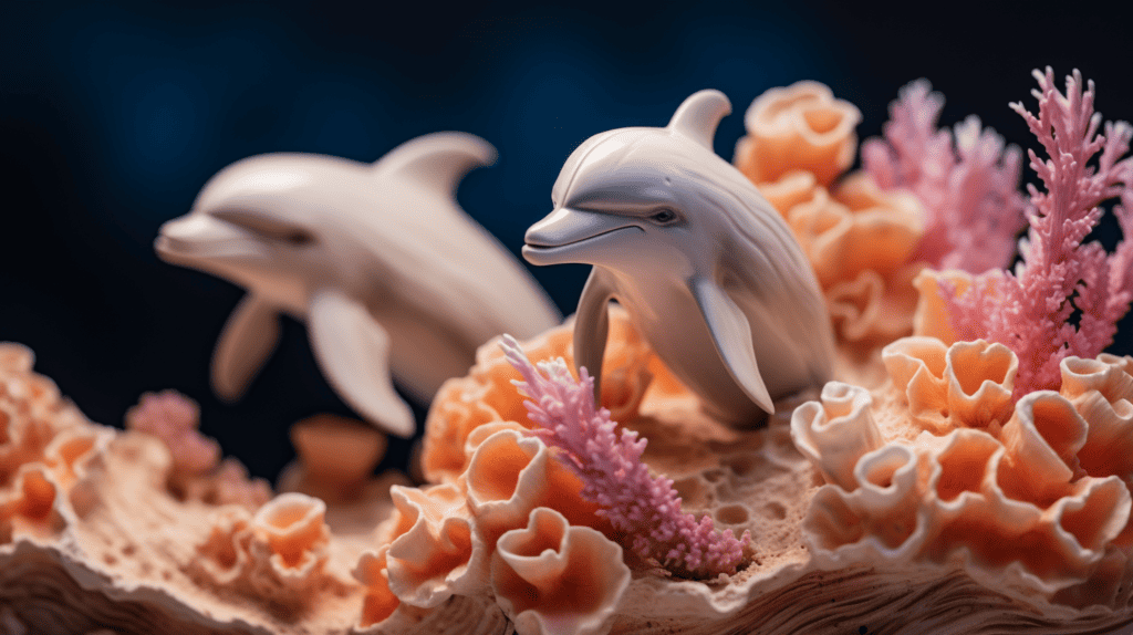 Figurines related to Dolphin Home Decor, intricately crafted dolphins made of porcelain, sitting on a shelf adorned with seashells and coral