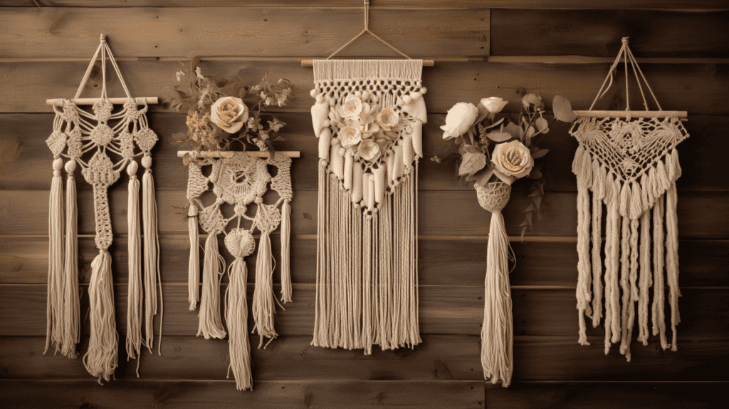 Macrame wall hangings with delicate tassels in various earthy tones, intricately woven patterns, and dangling beads