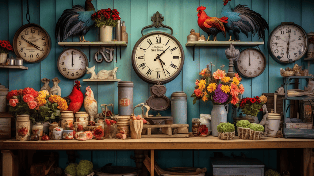 Rooster wall clocks and signs hanging on a rustic wooden wall, showcasing intricate details and vibrant colors. Chicken Home Decor,