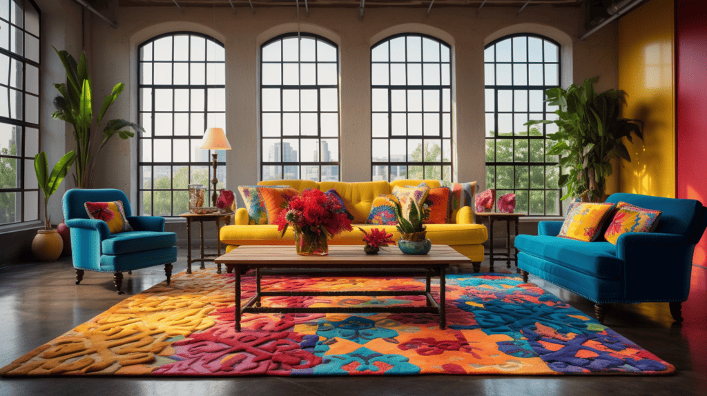 Vibrant and colorful Mexican-inspired home furnishings arranged in a modern living room, featuring intricately patterned rugs