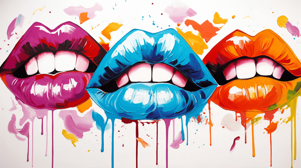 Vibrant and eye-catching Lips Wall Art featuring bold, colorful lips in various sizes and shapes, arranged in a dynamic and abstract pattern
