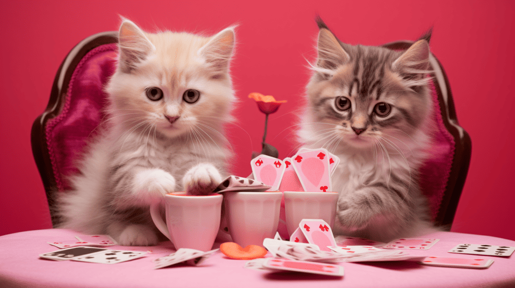 Vintage Pink Poker Posters featuring adorable kittens dressed as poker players, surrounded by vibrant playing cards and poker chips