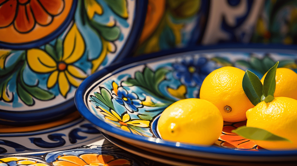 Wall plates and Trinacria intricately painted with vibrant colors, depicting traditional Sicilian motifs such as lemons