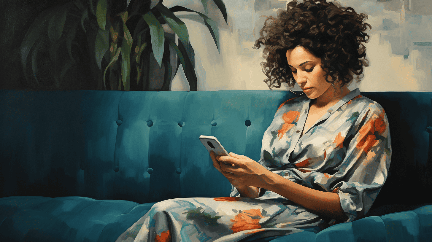 Home Decor App Free: Revolutionize Your Space with Stunning Results. Woman sitting on couch with cell phone.