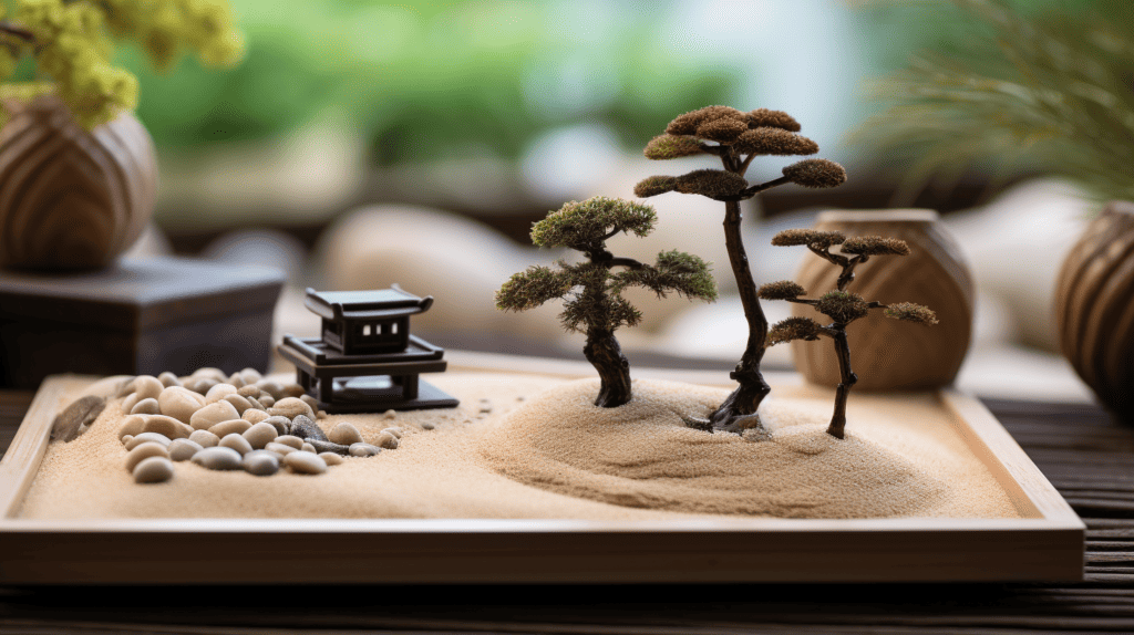 Zen garden kits displayed on a wooden table, neatly arranged with miniature raked sand patterns