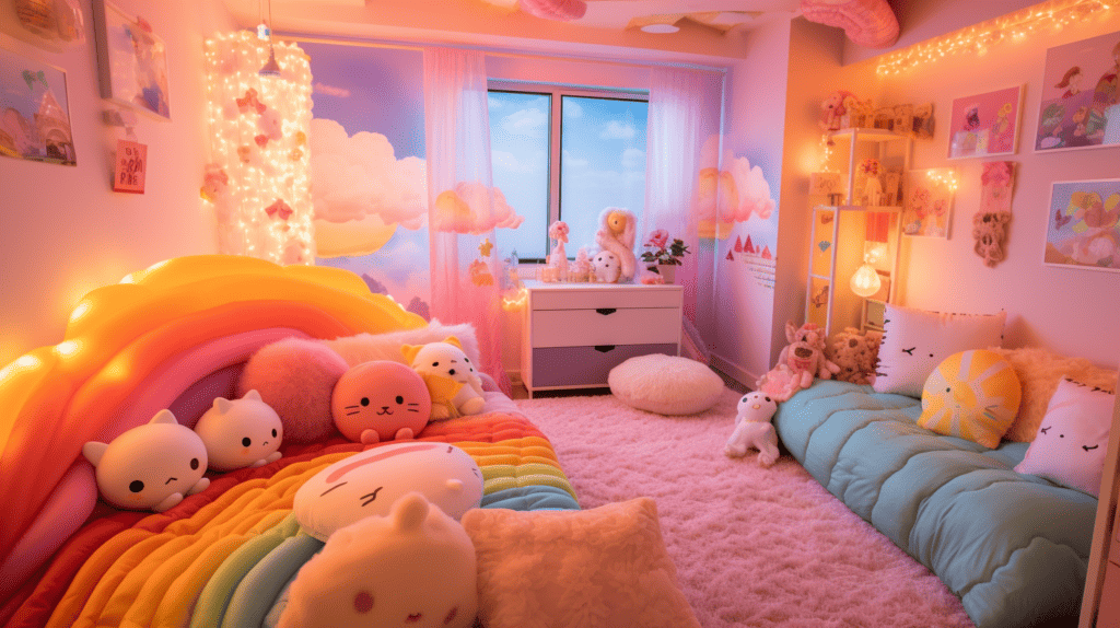 Kawaii Bedroom Decor. Pink and pastel colored room.