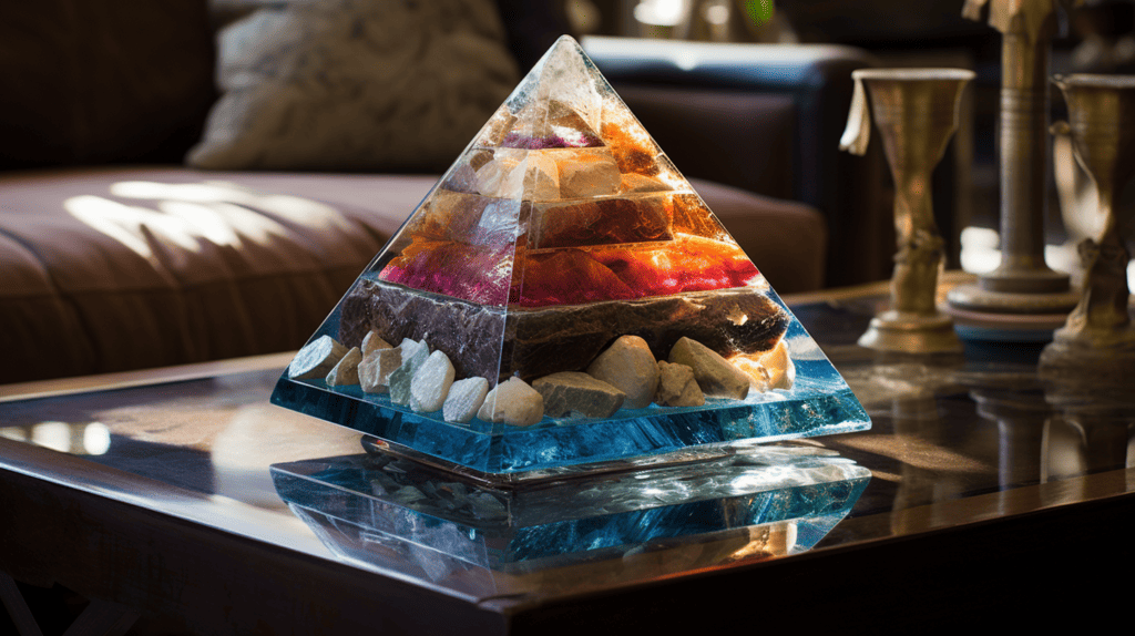 Pyramid Home Decor.  Gemstone pyramid on coffee table.