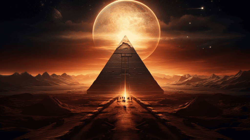 Pyramid poster with sun in the background.